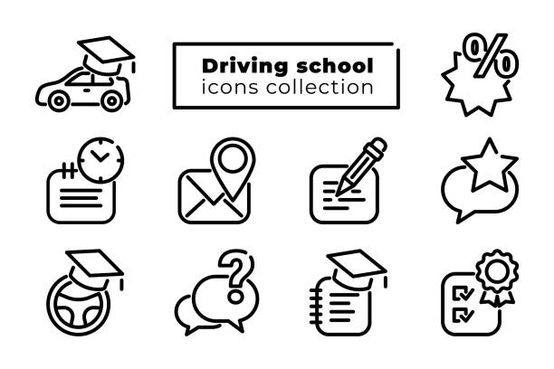 illustrazioni stock, clip art, cartoni animati e icone di tendenza di set di icone per l'educazione scolastica alla guida - driving test