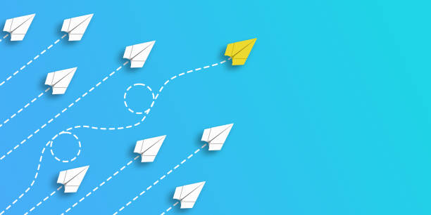 istock Paper plane that makes a difference by moving in a different direction from the others. different thinking concept. 3d illustration, 3d render. 1218391828
