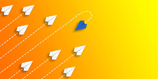 istock Paper plane that makes a difference by moving in a different direction from the others. different thinking concept. 3d illustration, 3d render. 1218391832