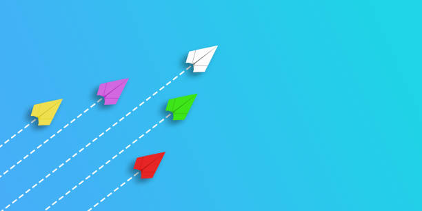 istock Paper plane that makes a difference by moving in a different direction from the others. different thinking concept. 3d illustration, 3d render. 1218391839