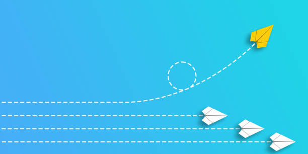 istock Paper plane that makes a difference by moving in a different direction from the others. different thinking concept. 3d illustration, 3d render. 1218391840
