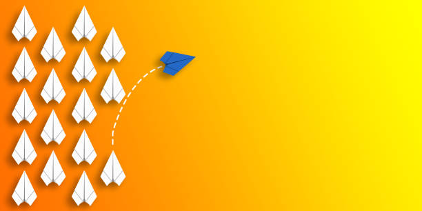 istock Paper plane that makes a difference by moving in a different direction from the others. different thinking concept. 3d illustration, 3d render. 1218391842