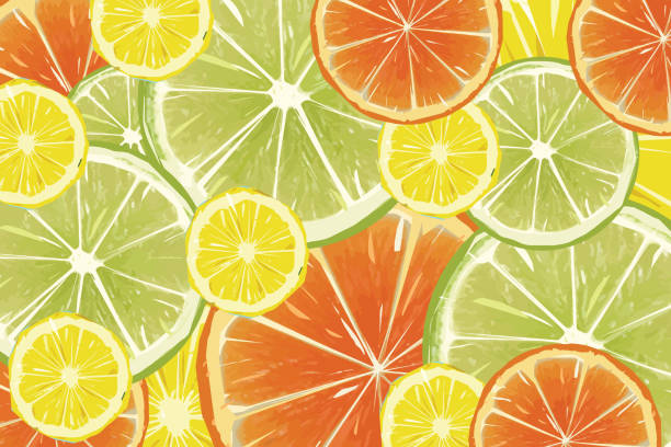 ilustraciones, imágenes clip art, dibujos animados e iconos de stock de fondo de fruta cítrica - limones, naranjas y limas ilustración de stock - lemon backgrounds fruit textured