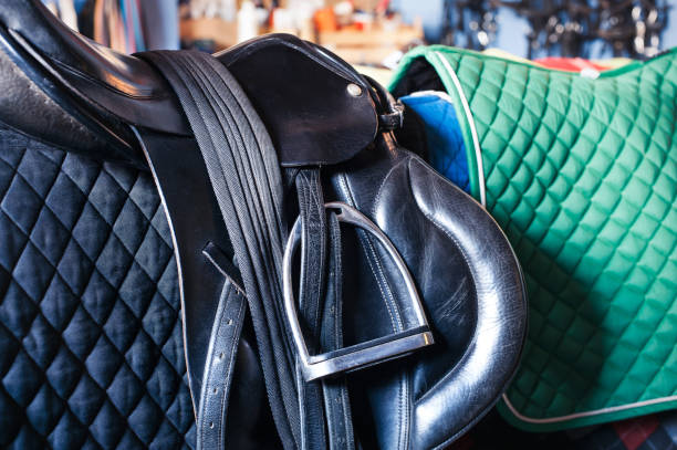 istock Black leather saddle and equestrian sport equipment and accessories 1218397121