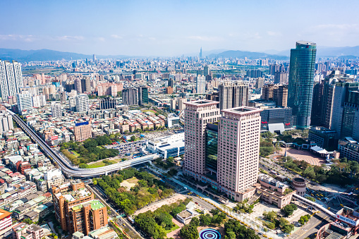 New Taipei City,Taiwan - Feb 1, 2020: This is a view of the Banqiao district in New Taipei where many new buildings can be seen, the building in the center is Banqiao station, Skyline of New taipei city