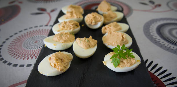 istock Eggs stuffed in a stainless steel dish. 1218401380