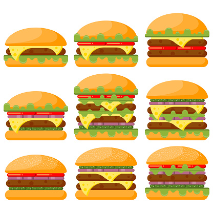 Burger flat vector illustration set. Hamburger, cheeseburger, double burger. Fastfood icon set.