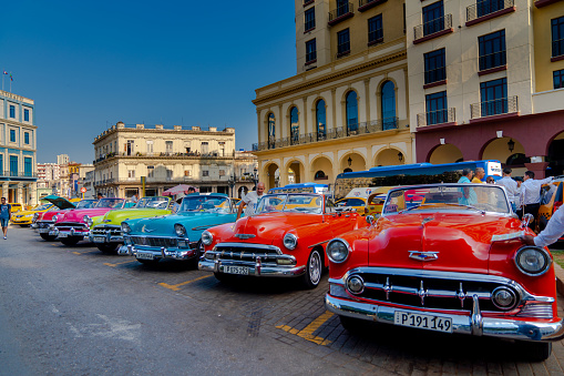 Retro car as taxi for tourists in Havana, Cuba. Captured near Paseo del Prado in spring 2019