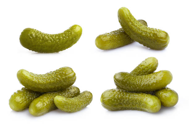 collection of delicious marinated cucumbers on white - cucumber pickled imagens e fotografias de stock