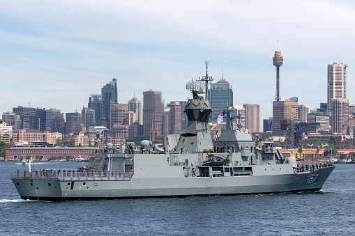 Sydney, Australia - October 5, 2013: HMAS Perth (FFH 157) Anzac-class frigate of the Royal Australian Navy in Sydney Harbor.