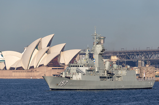 Sydney, Australia - October 5, 2013: HMAS Perth (FFH 157) Anzac-class frigate of the Royal Australian Navy in Sydney Harbor.