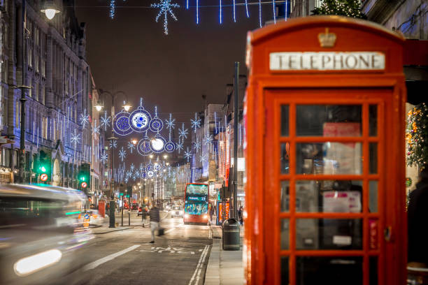 istock Phone box in London in Christmas time 1218405795