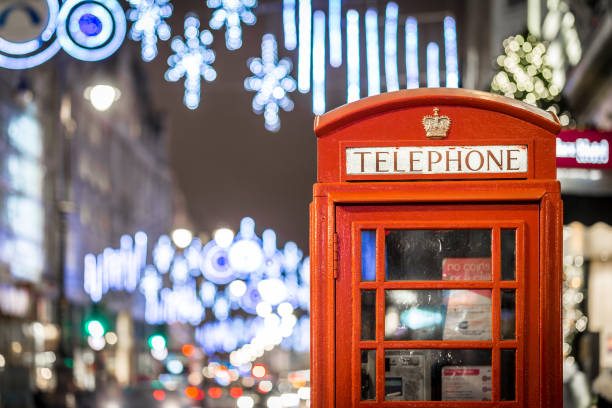 istock Phone box in London in Christmas time 1218406008