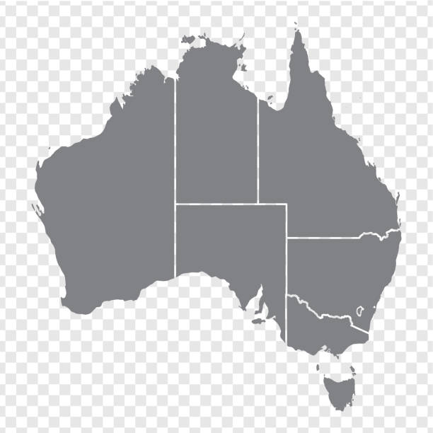 オーストラリアの空白地図。オーストラリアの州の地図。あなたのウェブサイトのデザイン、ロゴ、アプリ、uiのための透明な背景にオーストラリアの高詳細なグレーベクトルマップ。eps10. - national border点のイラスト素材／クリップアート素材／マンガ素材／アイコン素材