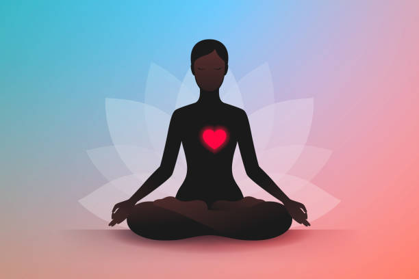 женщина сидит в положении лотоса, ее красное сердце светится - chakra yoga lotus meditating stock illustrations