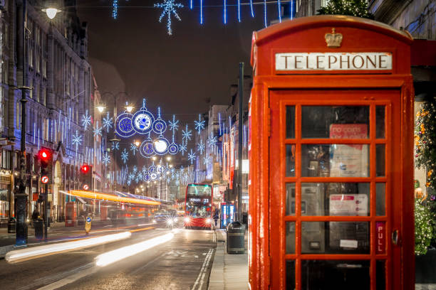 istock Phone box in London in Christmas time 1218406318