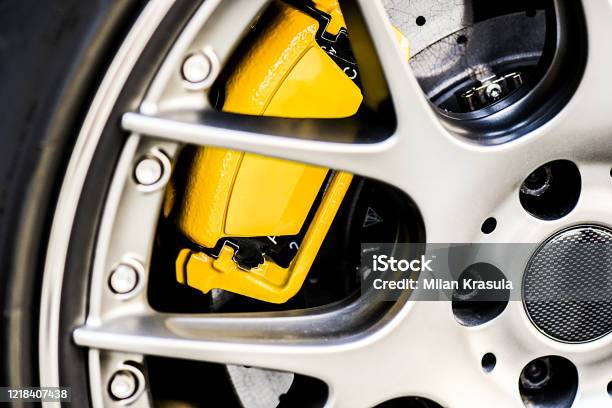 Sport Bbs Wheel Rim Close Up Detail Of Yellow New Brake Pads Changed Stock Photo - Download Image Now