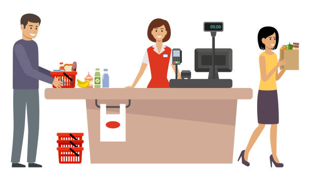 Grocery store queue. People with shopping carts and basket with food. Grocery store queue. People with shopping carts and basket with food. Vector flat illustration grocery store cashier stock illustrations