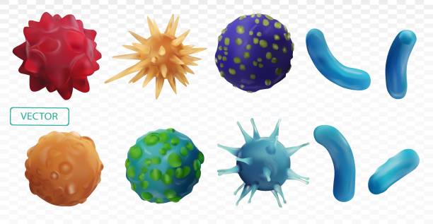 바이러스 질환. 추상 배경 바이러스. 바이러스를 설정합니다. 바이러스 아이콘 이 설정되었습니다. 감염 독감, 폐렴. 박테리아, 미생물 균류. 살아있는 유기체에 대한 위험. 현미경의 밑에 바이� - micro organism stock illustrations