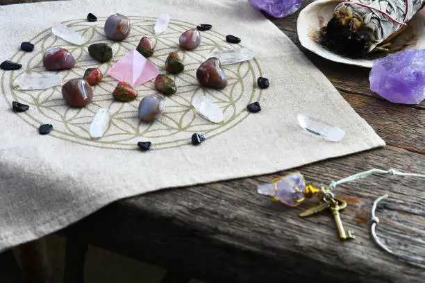 An image of a crystal energy healing grid using the flower of life pattern.