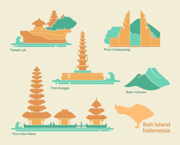 indonezja, bali płaskie zabytki ilustracji wektorowych. ilustracja wektorowa. główne zabytki architektoniczne - travel destinations bali tanah lot temple stock illustrations