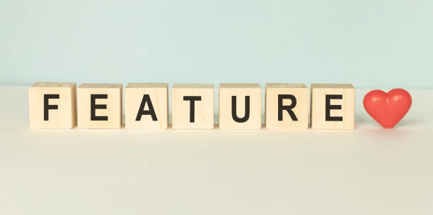 istock Word FEATURES. Wooden small cubes with letters isolated on black background with copy space available. Concept image. 1218417564