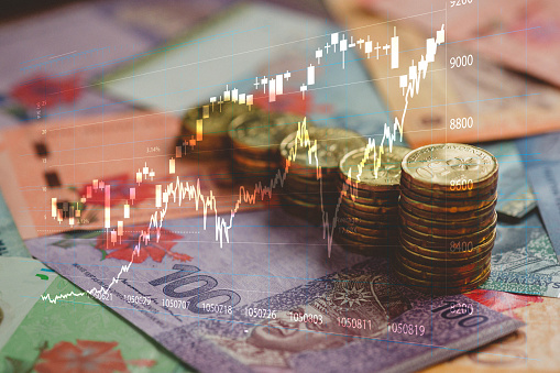 Image of Finance background with Malaysian Currency note , Coins and stock chart. Finance Trading concept