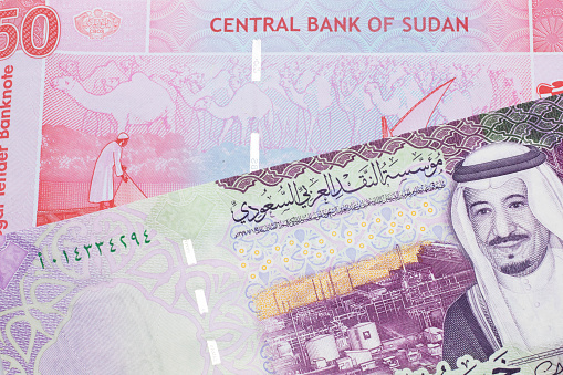 Dinero colorido de Sudán con dinero de Arabia Saudita photo