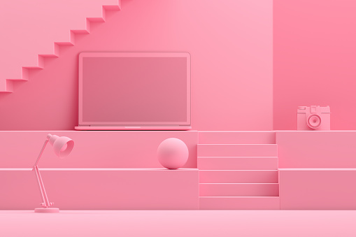 3d rendering empty laptop screen on staircase platform, podium. Pink color background.