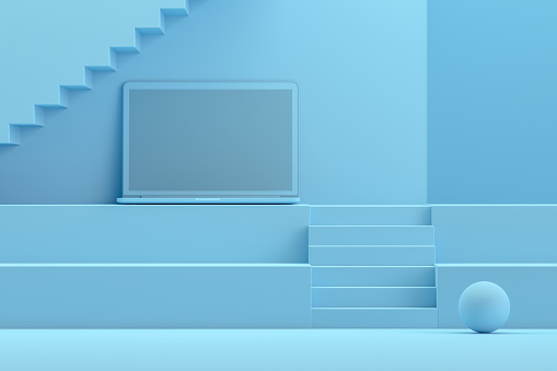 3d rendering empty laptop screen on staircase platform, podium. Blue background.