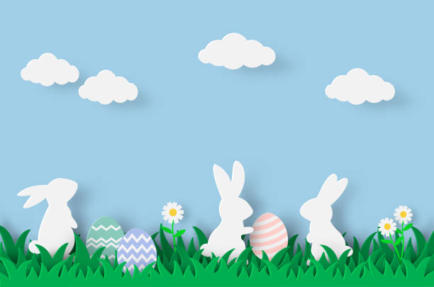 illustrations, cliparts, dessins animés et icônes de modèle de coupe de papier avec le lapin et l’oeuf de pâques dans l’herbe - craft eggs easter animal egg