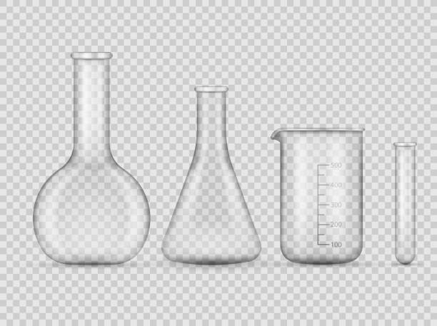 illustrations, cliparts, dessins animés et icônes de instruments de verrerie transparents de laboratoiredyd tube de verre de verre réglé isolé sur fond transparent. illustration de vecteur. - laboratory glassware beaker flask glass