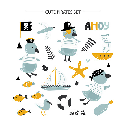 Kids collection with cute penguins - pirates, ships, fish and sailor attributes in cartoon style isolated on white background. Vector funny clip art for children.