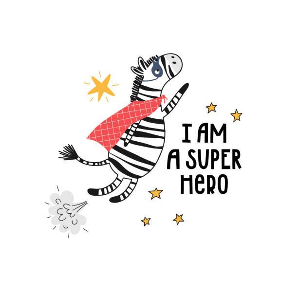 Cute cartoon zebra hero Zebra flying among the stars and the inscription - I am a super hero. Illustration for greeting card or kids room design in vector. superhero drawings stock illustrations