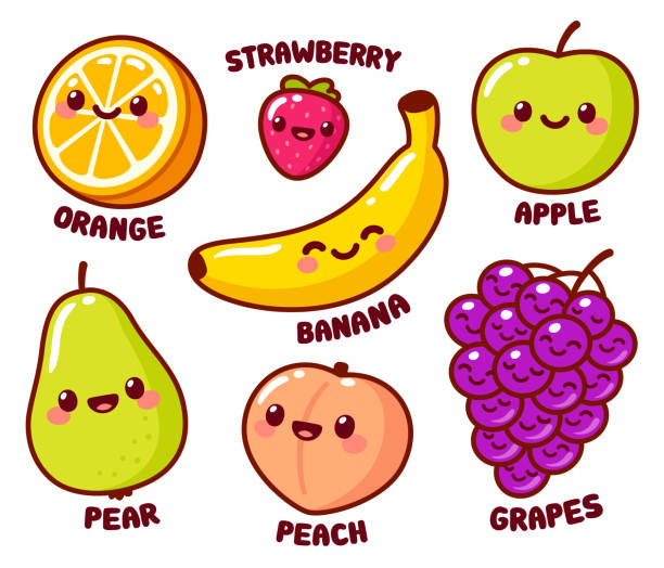 ilustraciones, imágenes clip art, dibujos animados e iconos de stock de lindo conjunto de frutas de dibujos animados - kawaii