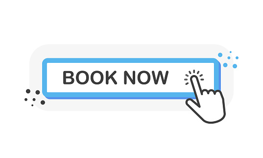 Book now blue 3D button with hand pointer clicking. White background. Vector illustration.