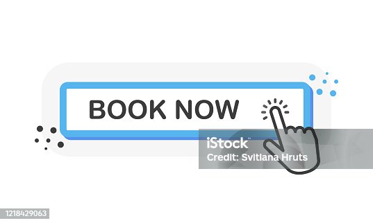 istock Book now blue 3D button with hand pointer clicking. White background. Vector 1218429063