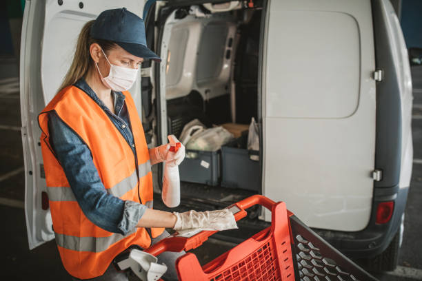 istock Food delivering car disinfection 1218429353