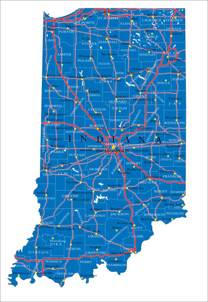 Indiana state political map Detailed map of Indiana state,in vector format,with county borders,roads and major cities. evansville indiana stock illustrations