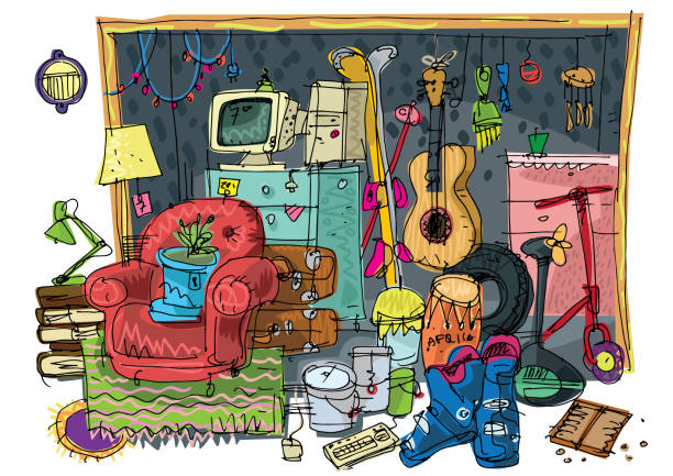 facade of domestic garage full of stuff for local sale. Hand drawn picture of a facade of domestic garage full of stuff for local sale. Hobby. Caricature. Sketch. kerosene fuel stock illustrations