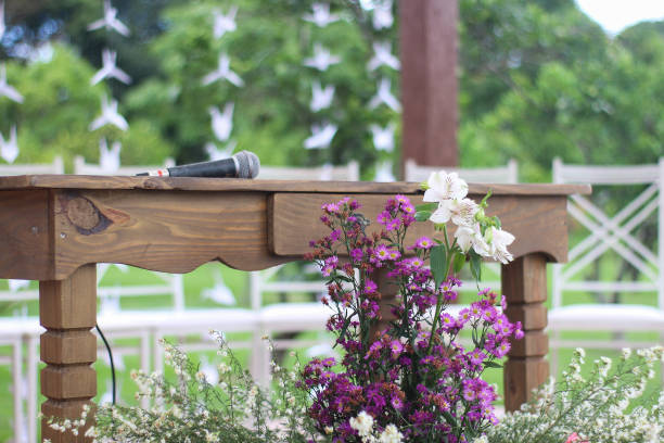 istock Wedding Setup. Wedding ceremony venue. Flowers, chairs and altar 1218432792