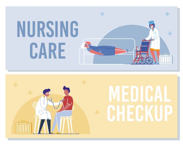 ilustraciones, imágenes clip art, dibujos animados e iconos de stock de enfermera con silla de ruedas médico que examina al paciente - web page illustrations