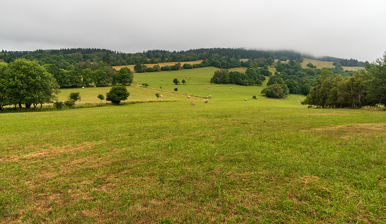 rolling landscape with mix of meadows with haystacks, forest and hills covered by clouds above Stachelberg near Trutnov town in Czech republic