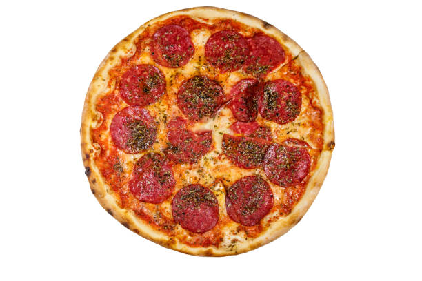 istock Delicious fresh pizza with sausage and cheese isolated on white background 1218437544