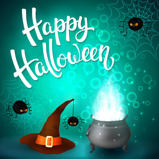 istock Halloween greeting card with witch cauldron, hat, angry spiders, net and brush lettering on cyan background with bubbles. Decoration for poster, banner, flyer design. Vector illustration. 1218437680