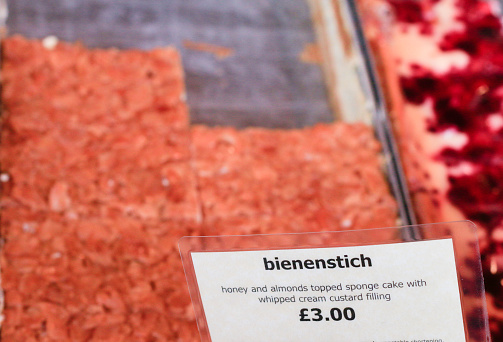 Bienenstich or Bee-sting Cake in Borough Market, London, is a German dessert
