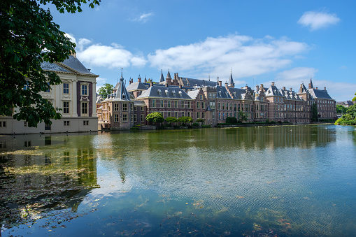 A view of the Hofvijver (court pond) and the Dutch parliament buidings (Het Binnenhof), in The Hague, Netherlands
