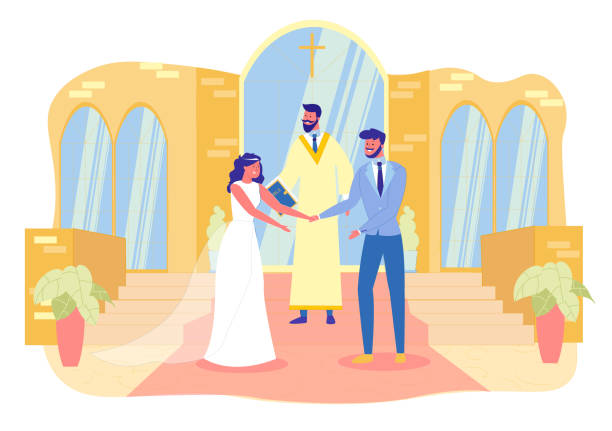 ilustrações de stock, clip art, desenhos animados e ícones de bride and groom during chapel wedding ceremony - church wedding