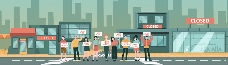 Vector of a unemployed jobless people protesting on a street with a background of shut down businesses