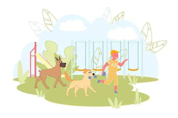 Vector illustration of Joyful Kid Playing Run Away from Two Dogs in Yard